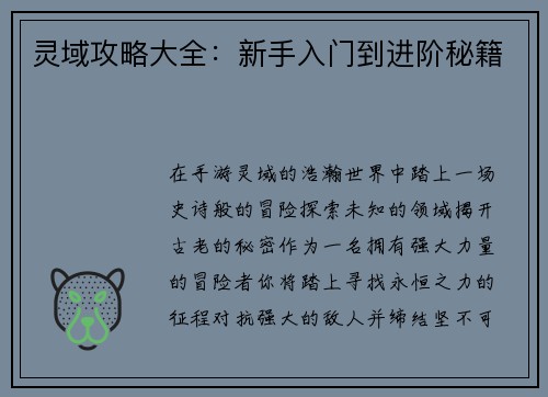 灵域攻略大全：新手入门到进阶秘籍